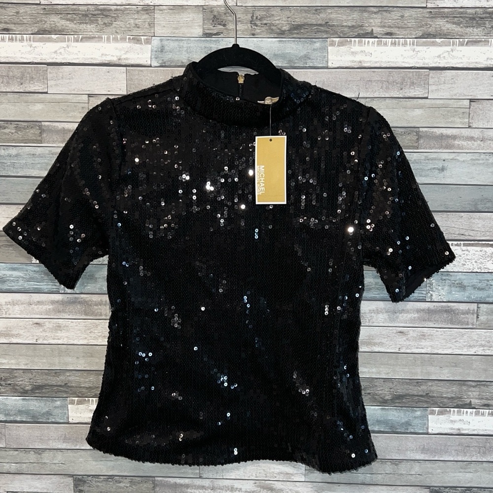 Brand new Michael Kors Stretch Sequin Top with Gold Zipper, with flaws